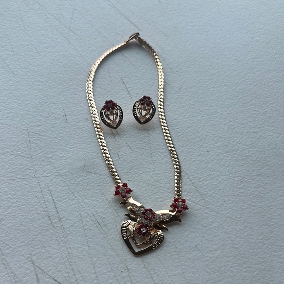 Elegant Gold and Red Heart Necklace and Earring Set - Picture 1 of 4